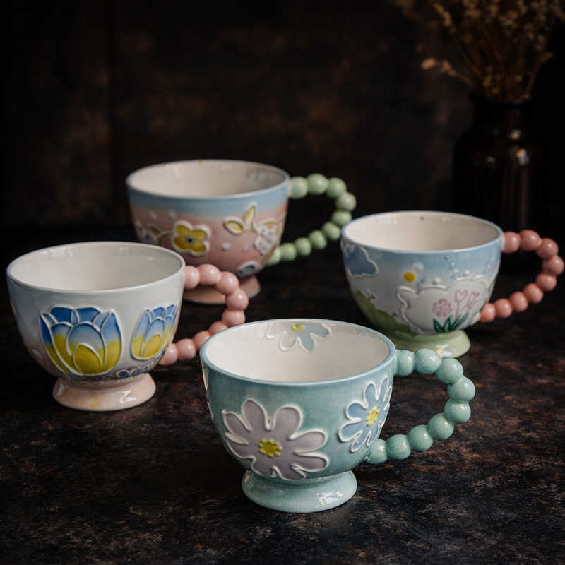 Pastel Floral Embossed Mug Beaded Handle (400ml)