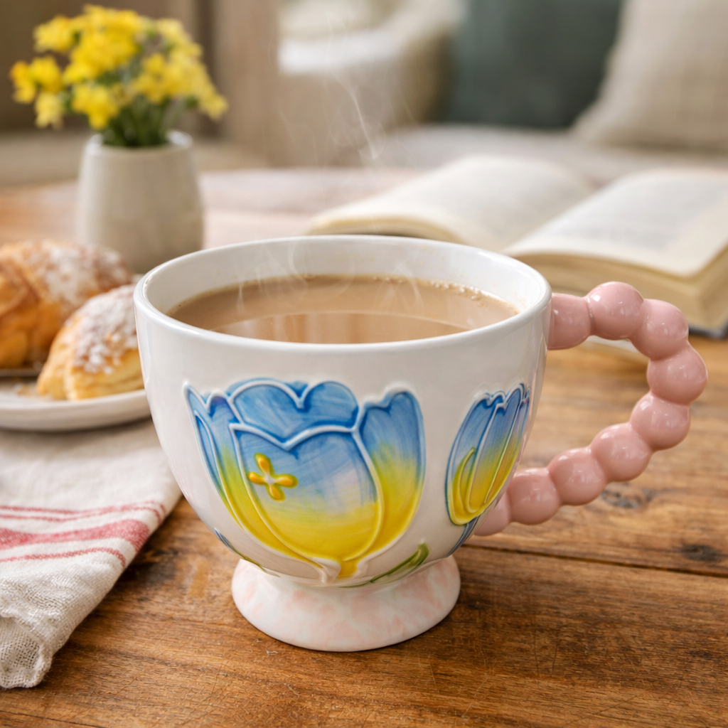 Pastel Floral Embossed Mug Beaded Handle (400ml)