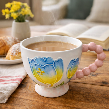 Pastel Floral Embossed Mug Beaded Handle (400ml)