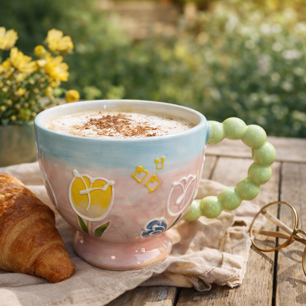 Pastel Floral Embossed Mug Beaded Handle (400ml)