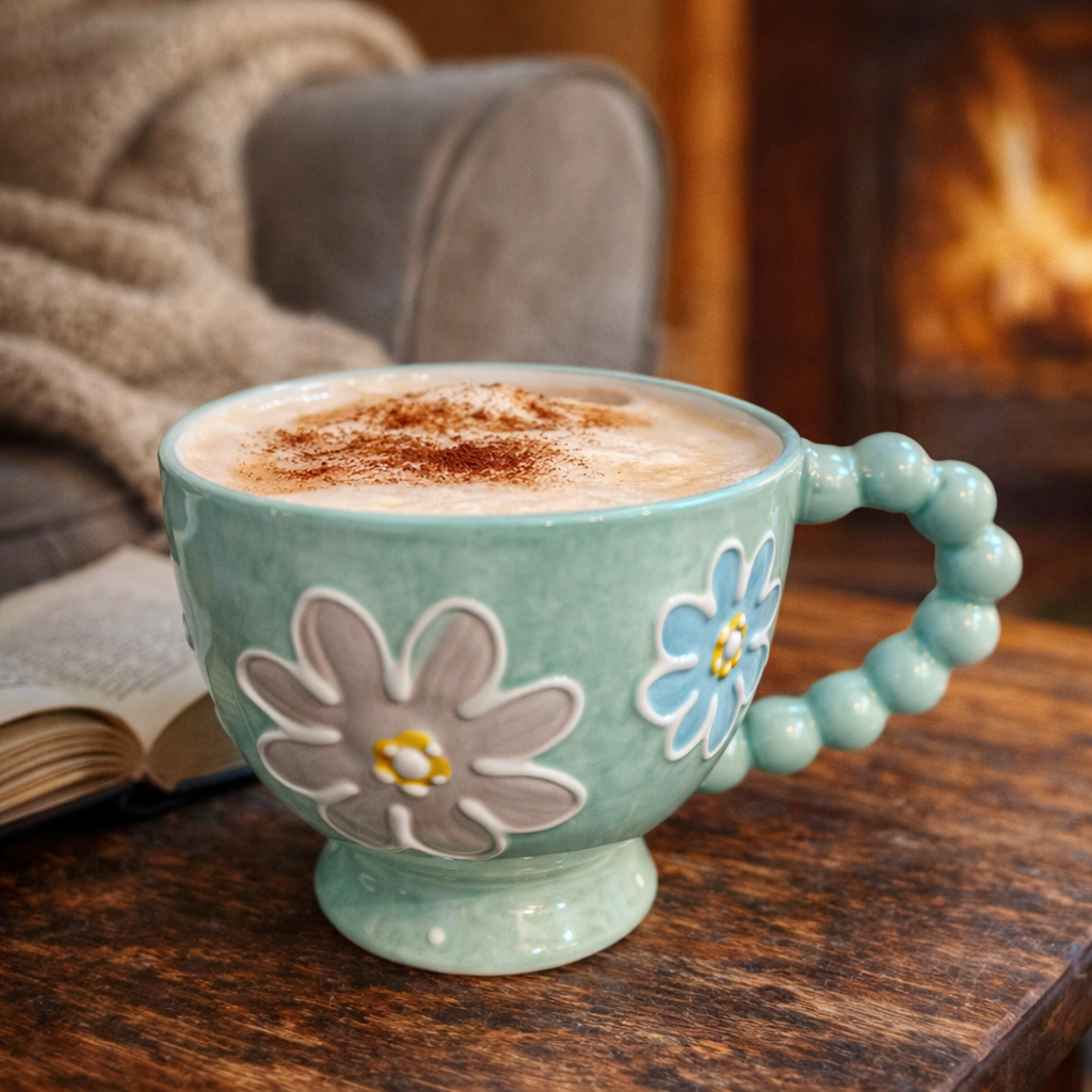 Pastel Floral Embossed Mug Beaded Handle (400ml)