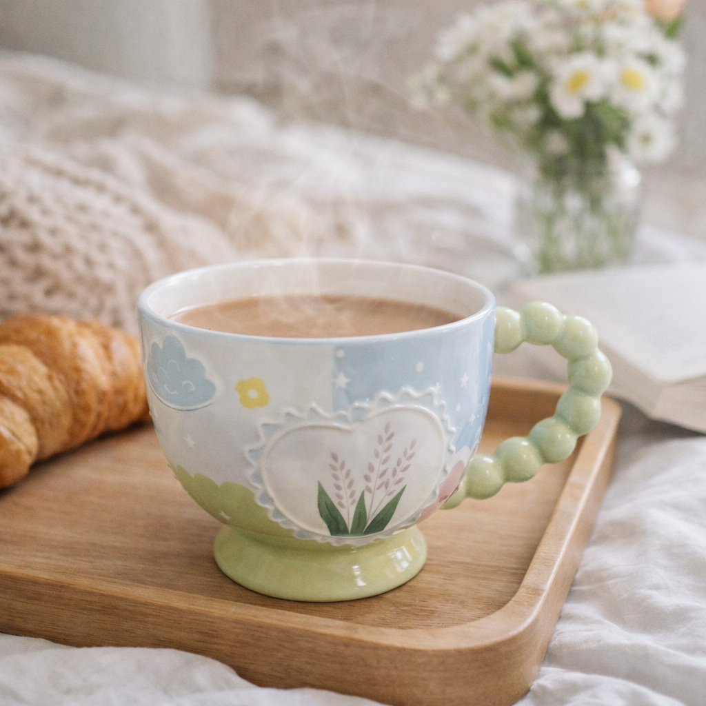 Pastel Floral Embossed Mug Beaded Handle (400ml)