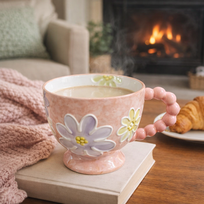 Pastel Floral Embossed Mug Beaded Handle (400ml)