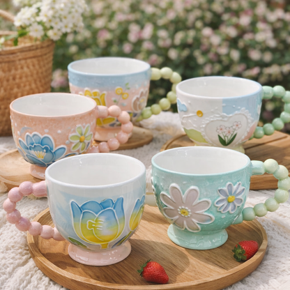 Pastel Floral Embossed Mug Beaded Handle (400ml)