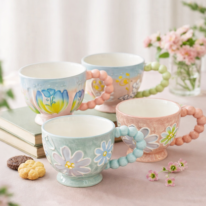 Pastel Floral Embossed Mug Beaded Handle (400ml)